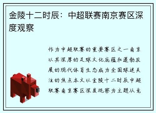 金陵十二时辰：中超联赛南京赛区深度观察